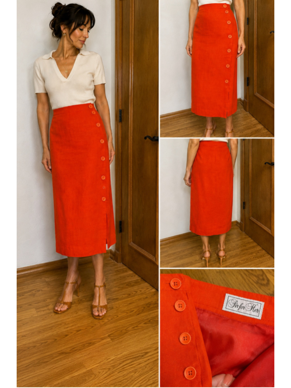 Vintage Sir for Her Tomato Orange Linen Blend Wrap Midi Skirt Size 6